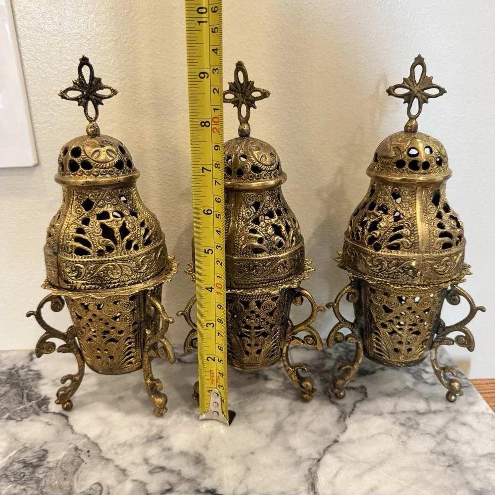 Set 3 Vintage Solid Brass Greek / Orthodox Tabletop Incense  Burners ~ Thuribles